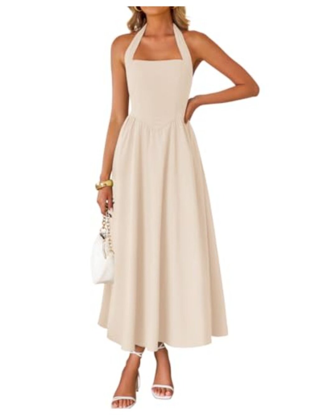 Womens Sleeveless Halter Neck Flowy Swing Midi Beach Dress ZESICA